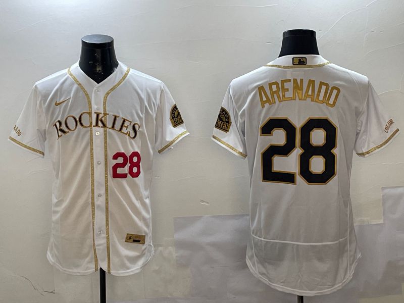 Men Colorado Rockies #28 Arenado White Gold Elite 2025 Nike MLB Jersey style 2